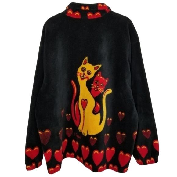 Vintage Polar Magic Fleece Jacket Black Novelty Y2K Canada Cats Hearts Size XL - Picture 2 of 11